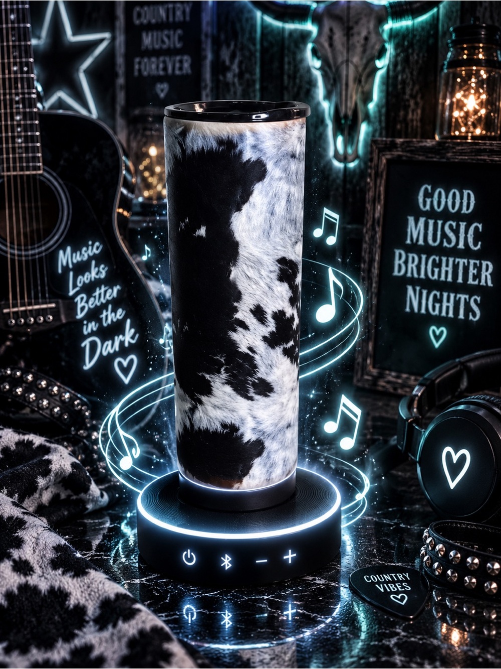 🐄🎶 Midnight Moo-sic™ — Glow & Go™ 20 oz Bluetooth Speaker Tumbler